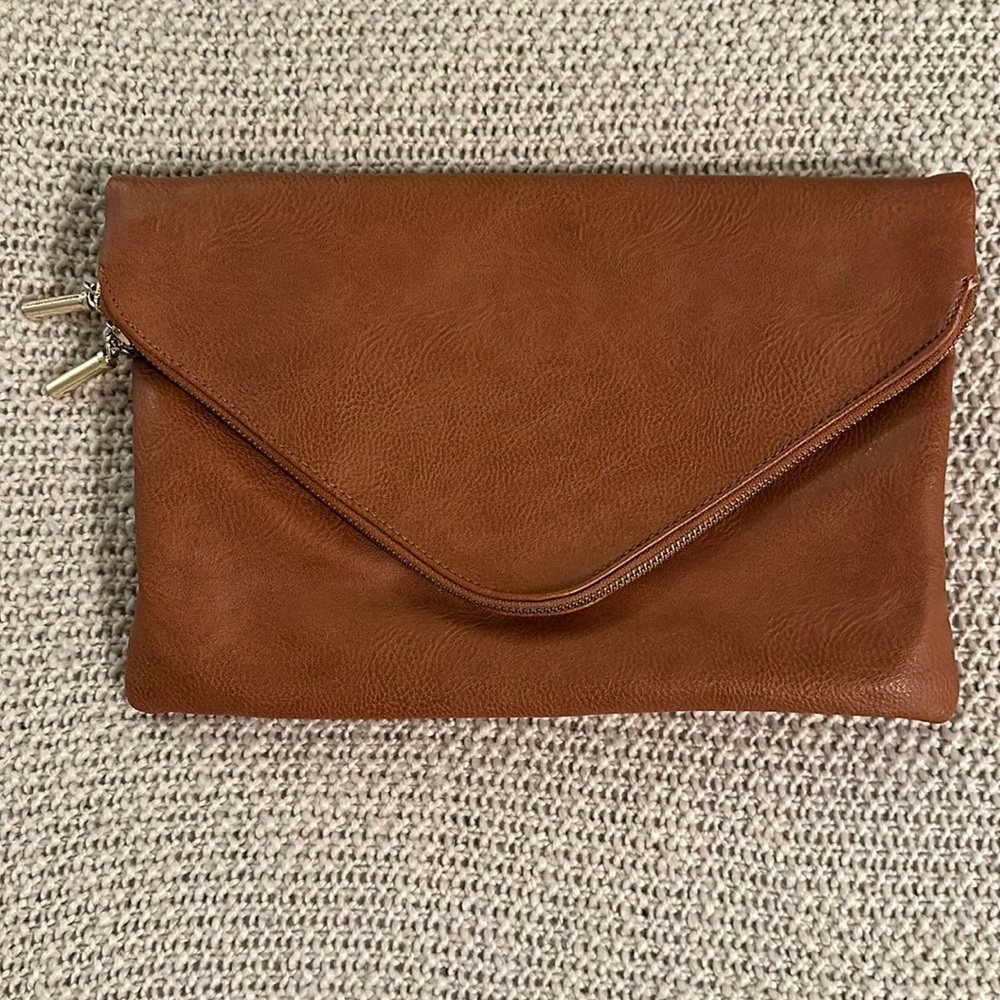 Tan leather clutch, gold finishes